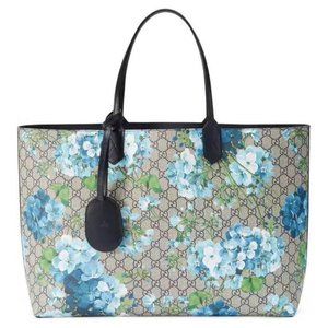 Gucci GG Supreme Blooms Floral Canvas Reversible Leather Medium Tote Handbag New